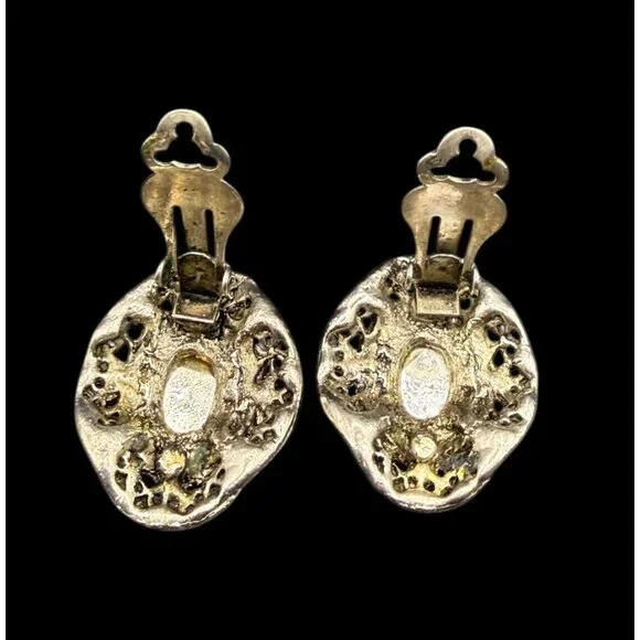 Vintage 80s Silver Blue Purple Faux Cabochon Tone Clip-On Earrings Lot 4 Pairs - Picture 5 of 13